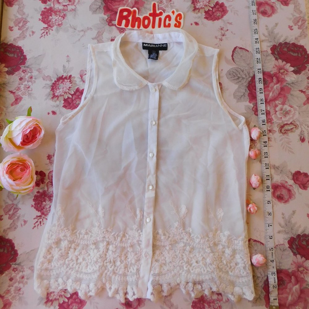 Lace and Mesh Button-Up Sleeveless Collared Shirt